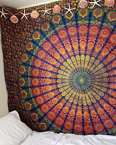 Popular Handicrafts Tapisserie, Wandbehang, Hippie-Mandala, Bohemian, Hippie, psychedelisches Design, indischer Wandteppich, Tagesdecke, 140 x 210 cm, Weiß / Mehrfarbig von Popular Handicrafts