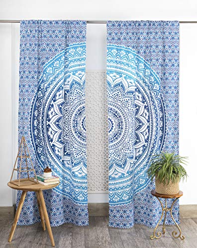 Popular Handicrafts Indischer Hippie-Vorhang, Bohemian-Stil, Ombré-Mandala, Blau von Popular Handicrafts