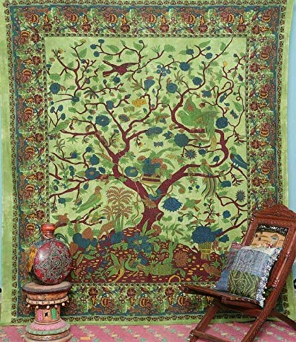 Popular Handicrafts Wandteppich, Motiv: Baum des Lebens, Hippie, Bohemian-Stil, psychedelisch, aufwendiges Blumendesign, indische Tagesdecke, Wandbehang, 230 x 215 cm, Grün von Popular Handicrafts