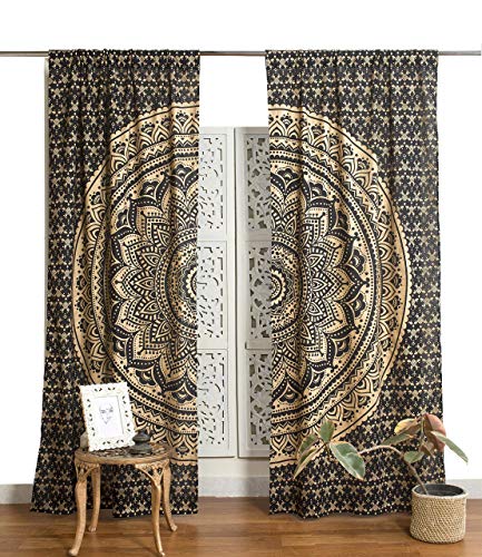 Popular Handicrafts Indischer Hippie-Vorhang, Bohemian-Stil, Ombre-Farbe, Mandala, Schwarz / Gold von Popular Handicrafts