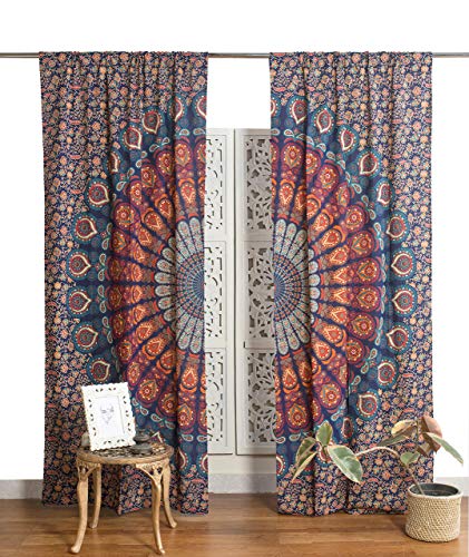 Popular Handicrafts Indischer Hippie-Vorhang, Bohemian-Stil, Pfauen-Mandala-Vorhang, Raumteiler, Blau von Popular Handicrafts