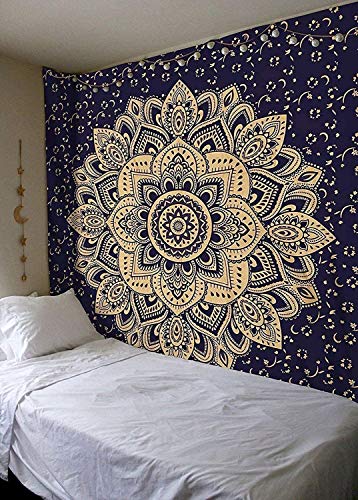 Popular Handicrafts Tapisserie Wandbehang Ombre Mandala Bohemian Hippie aufwendige indische Tapisserie Tagesdecke 215 cm x 230 cm blau von Popular Handicrafts