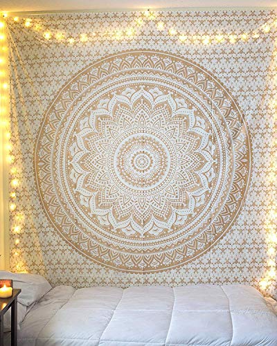 Popular Handicrafts Th566 Twin Original Gold Ombre Tapisserie Indisches Mandala Wandkunst Hippie Tapisserie Wandbehang Bohemian Tagesdecke mit metallischem Glanz (215 x 140) cm von Popular Handicrafts