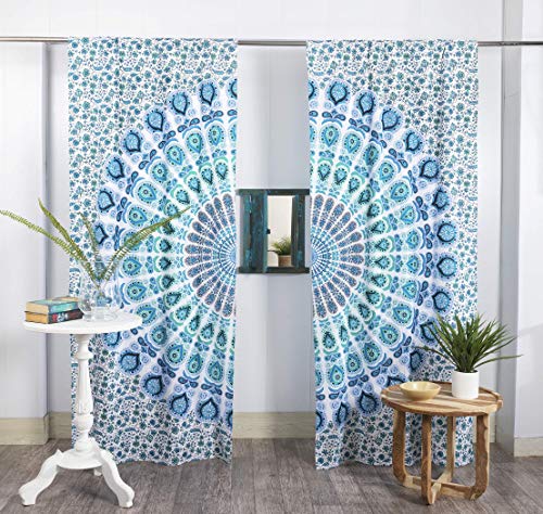 Popular Handicrafts Vorhang, indisch, Hippie, Bohemian, schöner Pfau, Mandala, Weiß/Blau von Popular Handicrafts