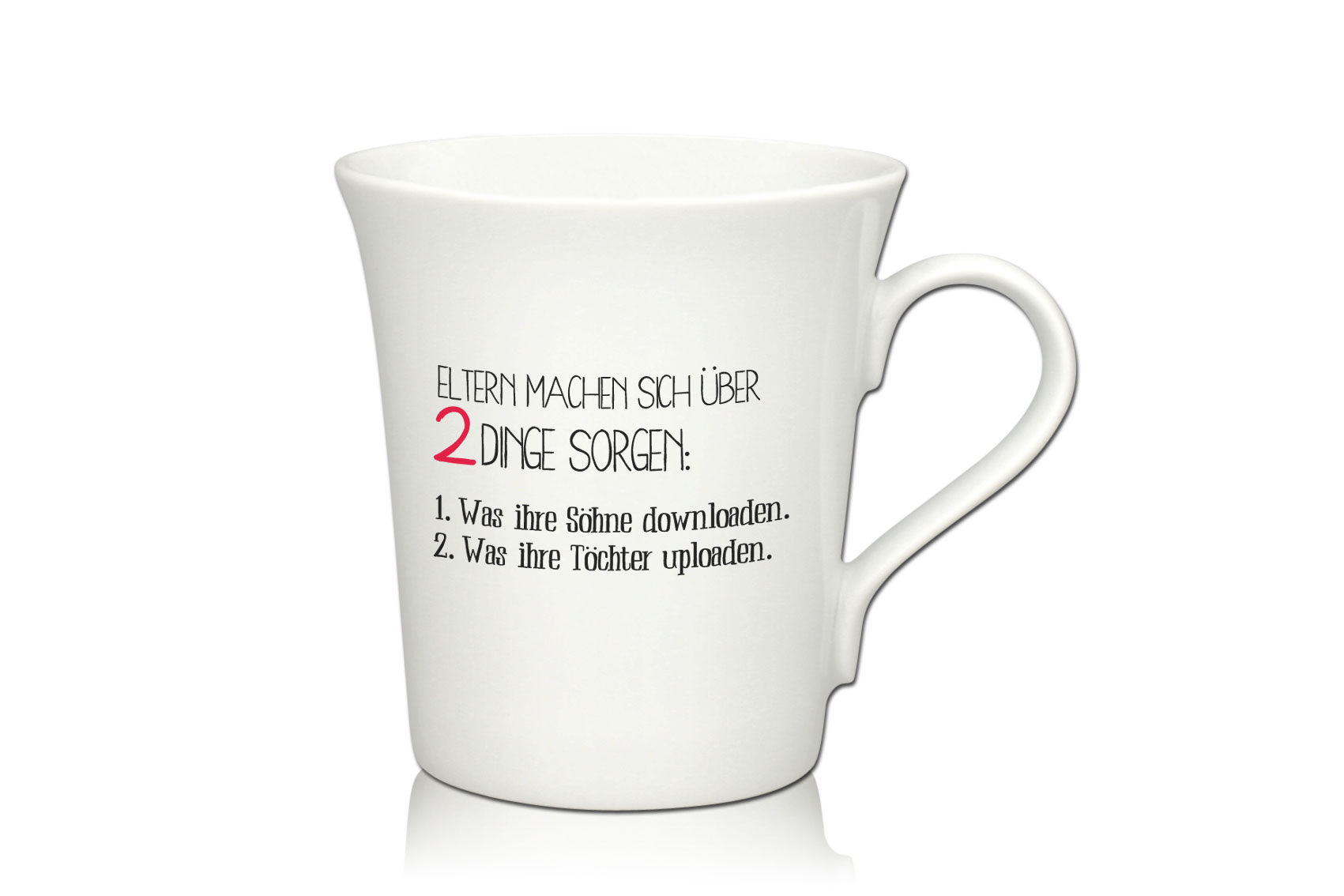 Lustige Porzellantasse Kaffeetasse Emilia weiss 34cl - Dekor: ELTERN MACHEN SICH ÜBER 2 DINGE SORGEN: 1. Was ihre Söhne downloaden. 2. Was ihre Töchter uploaden. von PorcelainSite GmbH