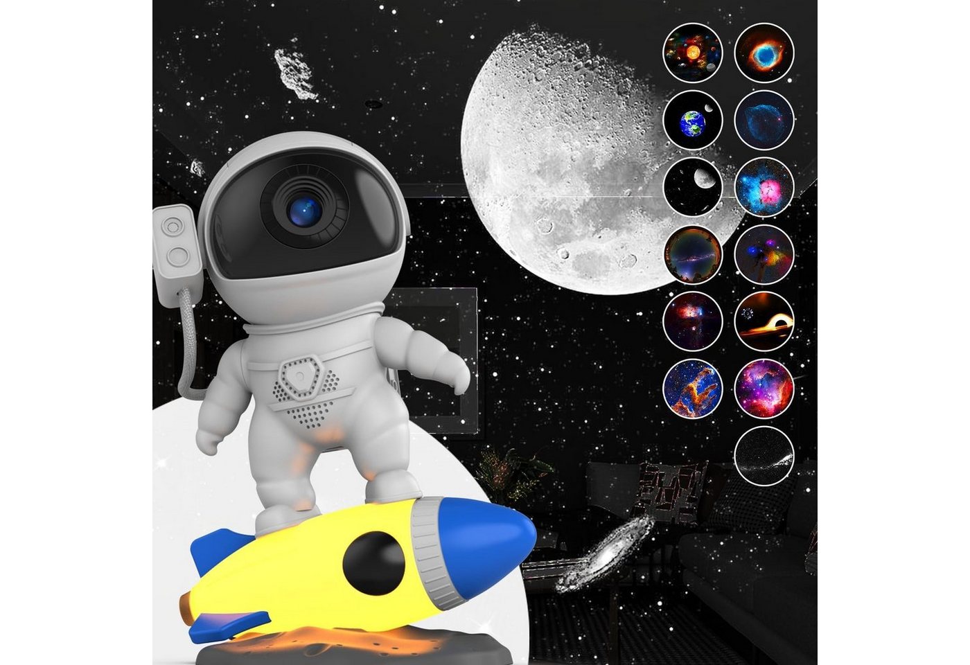 Powerwill Projektionslampe Astronaut Sternenhimmel Projektor mit Nachtlicht, 12 Blatt Film, LED fest integriert, KinderNachtlicht,USB-Ladung, LED Sternenhimmel Lampe, Magnetisches Ansaug-Design, 360° drehbare Astronaut Projektor Kinder von Powerwill