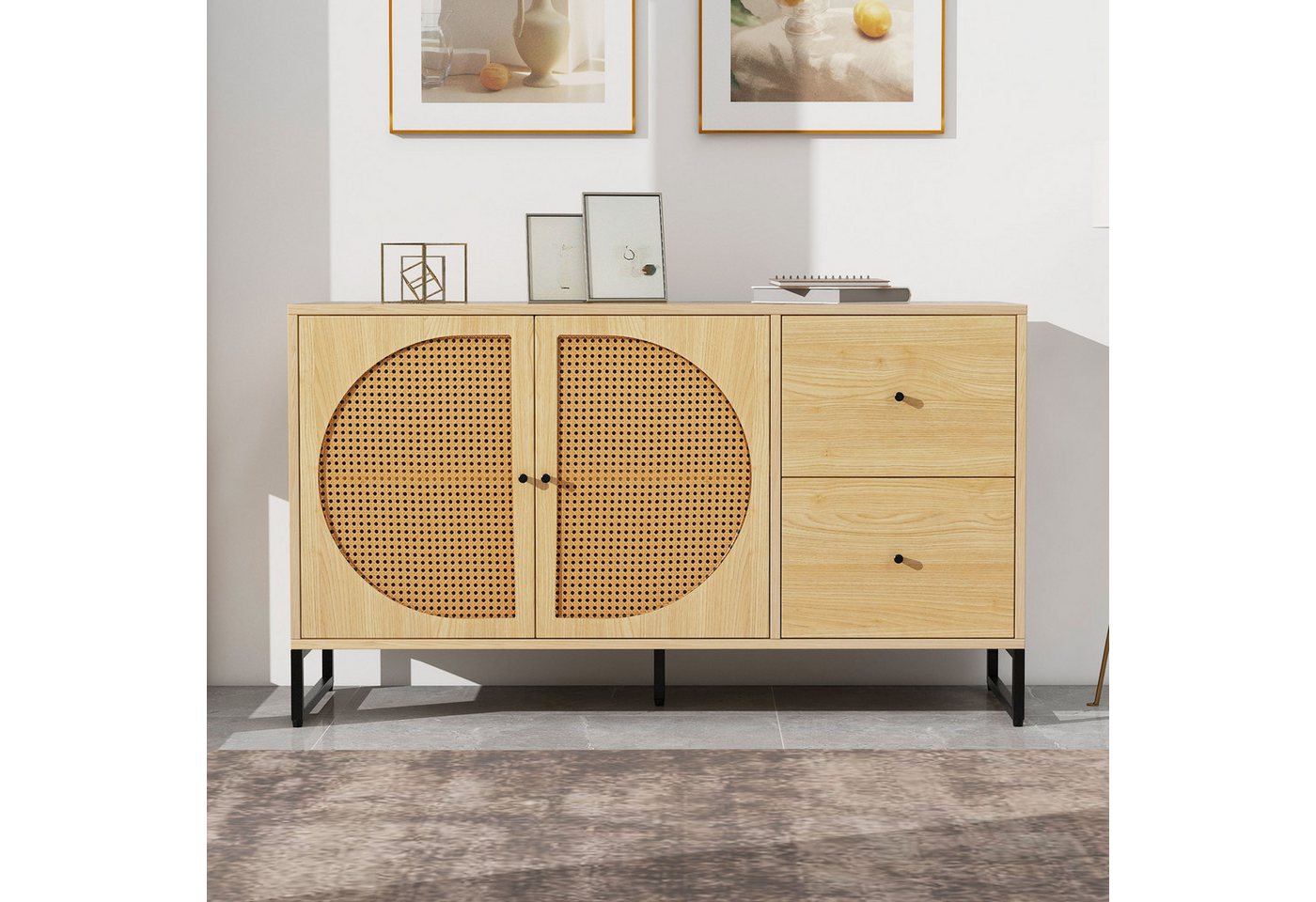 Powerwill Sideboard Sideboard mit 2 Rattan verzierten Türen und 2 Schubladen Kommode (Küchenschrank, Mehrzweckschrank, Highboard mit Metallgriffe), für Schlafzimmer & Wohnräume & Büro von Powerwill