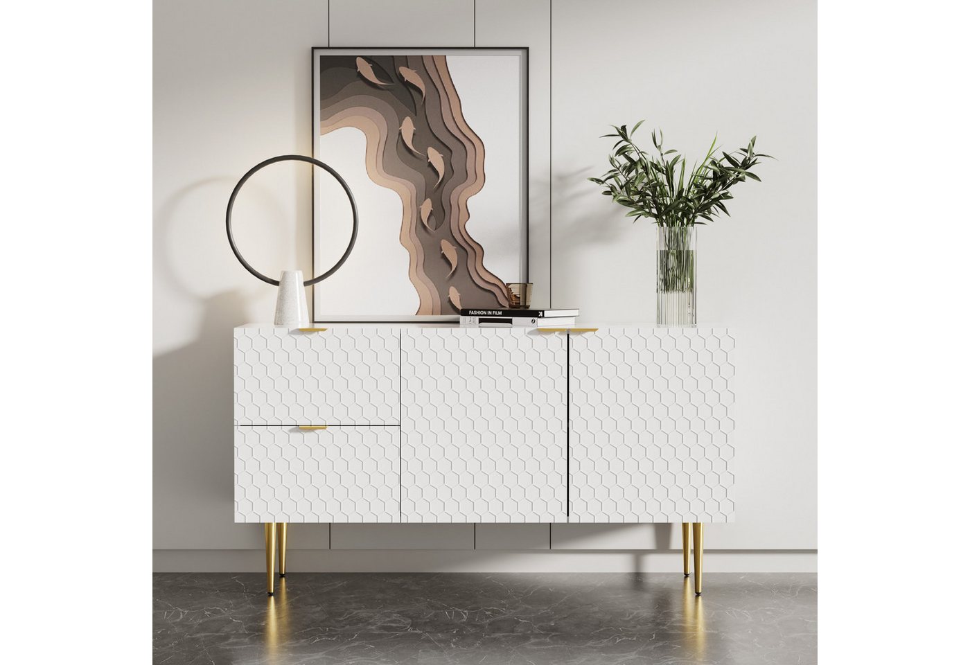 Powerwill Sideboard Sideboard mit besonderem Muster und Haptik (Kommode mit zwei Türen und zwei Schubladen, goldene Griffe und Füße), 135*40*75cm von Powerwill