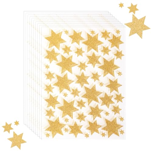 Prasacco 500 Stück/10 Blätter Sterne Sticker, Goldenen Glitzersternen Aufkleber Belohnungssticker für Kinder 4 Größen Selbstklebender Sechseckiger Sternaufkleber für Scrapbooking, Grußkarten, Basteln von Prasacco