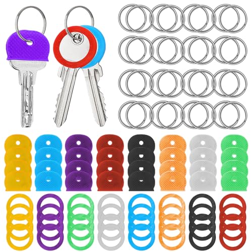Prasacco 64 Stück Schlüsselkappen, Bunter Schlüsselabdeckungen Runde PVC Schlüsselkappen Schlüsselkennzeichnung Set mit 32 Schlüsselringen aus Eisen (Halbkreisförmig + kreisförmig, 8 Farben) von Prasacco