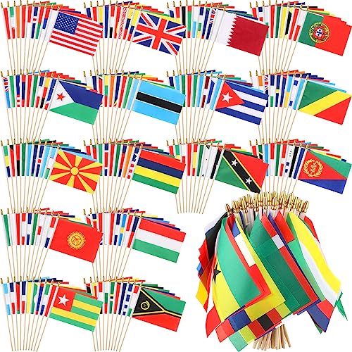 Preboun 200 Stück 200 Länderflaggen der Welt, kleine Mini-Handflaggen, internationale Flaggen auf Holzstab, Dekorationen, internationale Länderflaggen aller Länder, 14 x 21 cm von Preboun