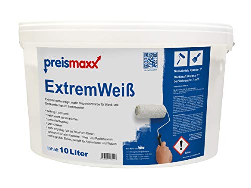 preismaxx Wandfarbe weiß, Innenfarbe, sehr hohe Deckkraft Klasse 1, 10 Liter, Nassabriebklasse 1, matt, ExtremWeiß von Preismaxx