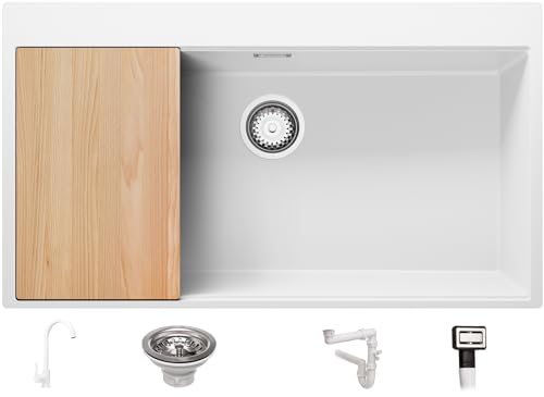Spülbecken Weiß 88x50 cm, Granitspüle 1 Becken + Ablauf-Set + Küchenarmatur, Küchenspüle ab 90er Unterschrank, Einbauspüle von Primagran von Primagran