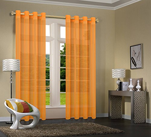 Uni -20332CN- 2er-Pack Orange Vorhang Transparent Gardinen Set Wohnzimmer Voile Vorhang Ösenvorhang HxB 245x140 cm mit Bleibandabschluß Orange von Primavera