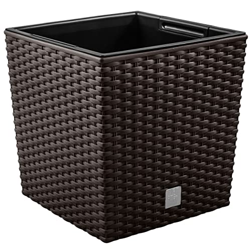 Prime Garden® SquarePot Rattan Blumentopf Topf aus Kunststoff mit Einsatz zum Haus, Garten, Terrasse, Veranda - Quadratisch Wetterresistent Frostbeständig (20 x 20 x 20cm, Umbra) von Prime Garden