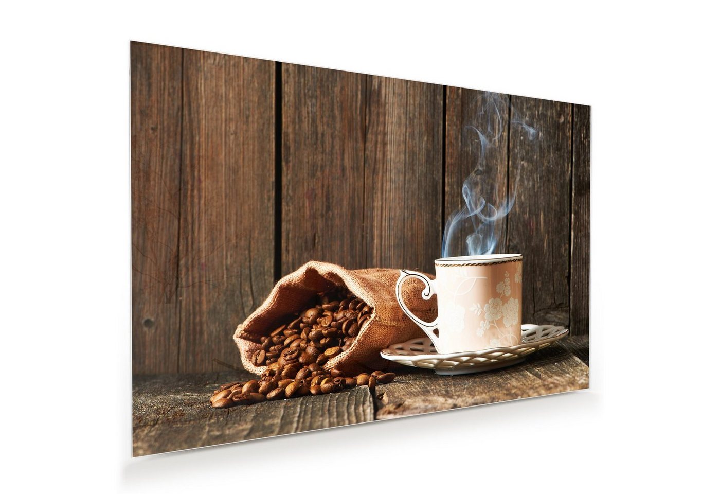 Primedeco Glasbild Wandbild Kaffee und Sack mit Aufhängung, Kaffee von Primedeco