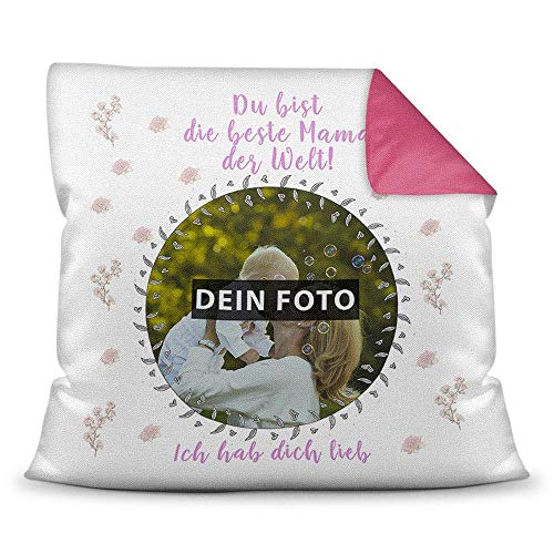 PR Print Royal Kissen mit eigenem Bild und Name für die Mama - Rosa/Foto-Collage als Geschenkidee/Zier-Kissen/Deko-Kissen/Rückseite Himbeere inkl. Füllung von PR Print Royal