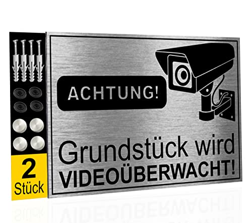 2x Schild Videoüberwachung Privatgrundstück 32x21cm aus Sehr Strapazierfähiges Dibond-Material und UV-Direktdruck, Warnschild Videoüberwachung von Printima von Printima