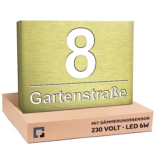 30x40cm 230V Strom Große Hausnummer Beleuchtet Led aus Aluminium mit Dämmerungssensor, Golden, Gravur Straßenname Personalisiert, Energieeffiziente A+++ 6W von PRINTIMA von PRINTIMA