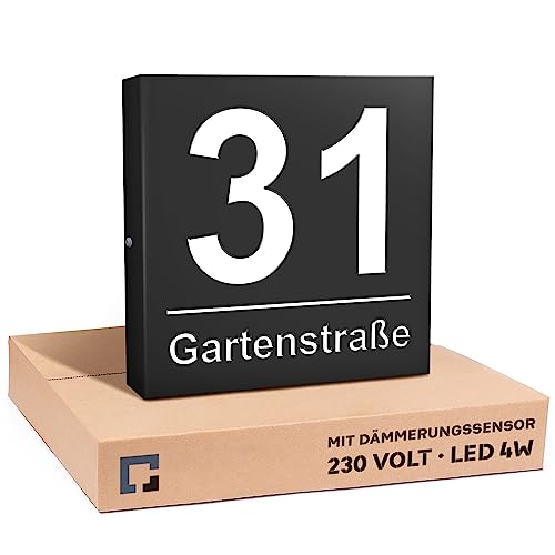 Hausnummer Beleuchtet Led 30x30cm 230V Strom Große aus Aluminium mit Gravur Straßenname Personalisiert, Energieeffiziente A+++ 6W, Dämmerungssensor, Schwarz, von PRINTIMA von PRINTIMA