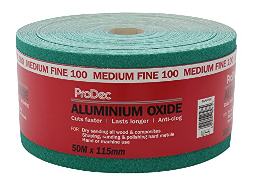 ProDec Schleifpapier, Körnung 100, mittelfein, Aluminiumoxid, 50 m x 115 mm, Rolle, grün, PAALL100 von ProDec