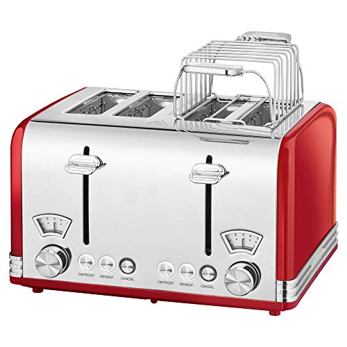 ProfiCook® XXL Toaster im stilvollen Vintage-Design | Toaster 4 Scheiben mit Wide-Slot (extra breite Toastschlitze) und massivem Metallgehäuse | Retro Toaster mit Brötchenaufsatz | PC TA 1194 rot von Profi Cook