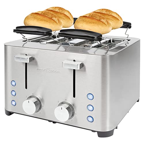 ProfiCook Toaster, Toaster 4 Scheiben, mit 2 getrennten Bedienelementen, Auftau-, Aufwärm-/ Schnellstoppfunktion, Toaster mit Brötchenaufsatz, Toaster Edelstahl, PC-TA 1252 von Profi Cook