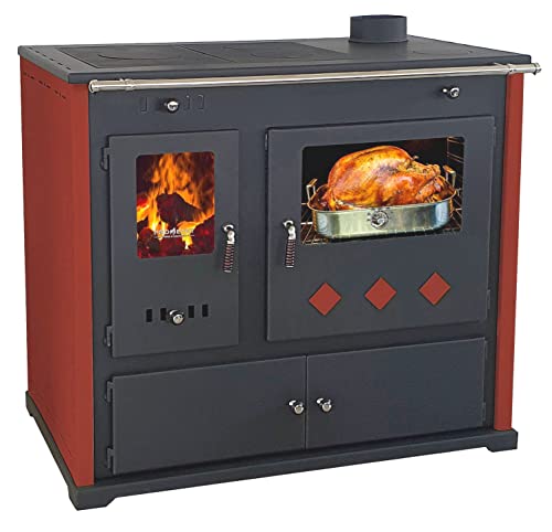 Kaminofen mit Backfach und Herdplatte Practik Lux Rot Holzofen 9,5 kW Kamin Ofen Dauerbrandofen Werkstattofen Schwedenofen Hüttenofen Heizofen von Prometey