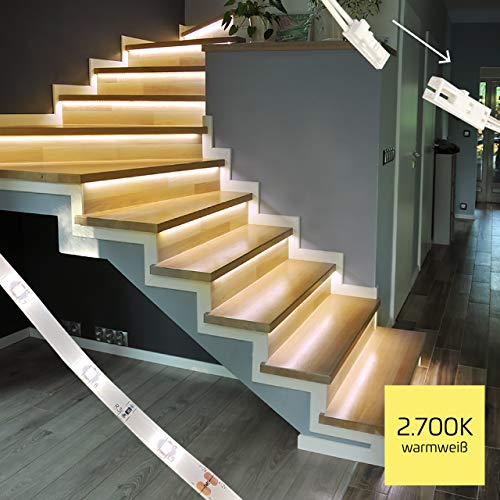 proventa® LED-Treppenstufenbeleuchtung mit Dimmer, Komplettset für 15 Stufen, 2.700K warmweiß, montagefreundliche Steckverbindung von Proventa