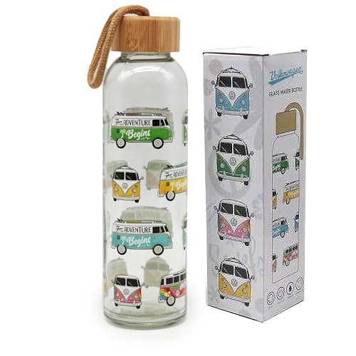 Puckator Trinkflasche aus Glas mit Deckel aus Bambus 500 ml – Volkswagen T1 – Summer & Surf von Puckator
