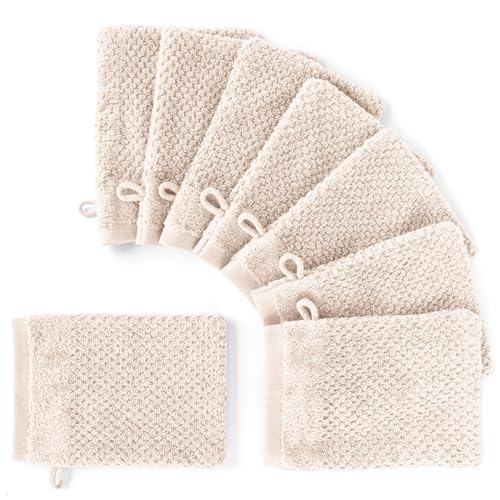 Pure Label 8-TLG. Waschhandschuh Waschlappen Set mit Anhängeschlaufe aus 100% Baumwolle, saugstark, weich und Oeko-TEX Zertifiziert - 8 Waschlappen aus Baumwolle 16x21cm, Creme von Pure Label