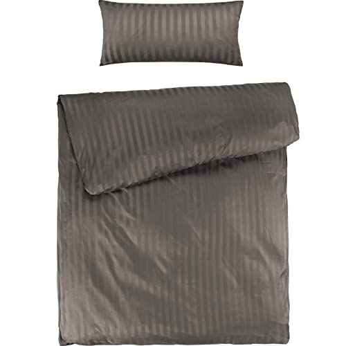 Pure Label Mako Satin Damast Streifen Bettwäsche Taupe 155x220 cm mit Kissenbezug 40x80 cm aus 100% Baumwolle - Traumhaft weiches Mako Satin Bettwäsche Set in Uni von Pure Label