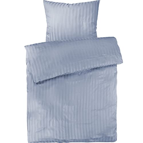 Pure Label Mako Satin Damast Streifen Bettwäsche hellblau 135 x 200 cm mit Kissenbezug 80 x 80 cm aus 100% Baumwolle - Traumhaft weiches Mako Satin Bettwäsche Set in Uni von Pure Label