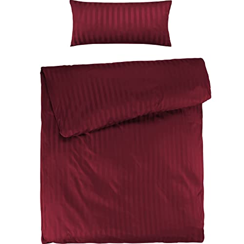 Pure Label Mako Satin Damast Streifen Bettwäsche rot 135 x 200 cm mit Kissenbezug 40 x 80 cm aus 100% Baumwolle - Traumhaft weiches Mako Satin Bettwäsche Set in Uni von Pure Label