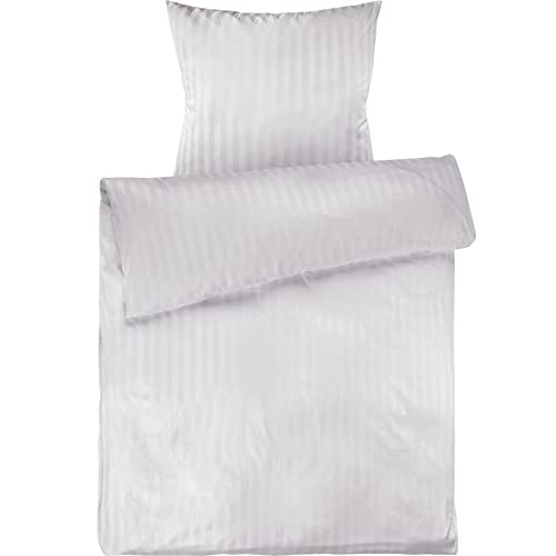 Pure Label Mako Satin Damast Streifen Bettwäsche weiß 155x220 cm mit Kissenbezug 80x80 cm aus 100% Baumwolle - Traumhaft weiches Mako Satin Bettwäsche Set in Uni von Pure Label
