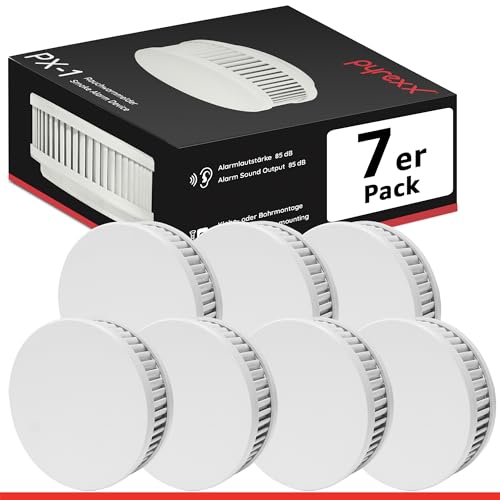 Pyrexx PX-1 Rauchwarnmelder - 7 Stück - 12 Jahre Batterie mit Magnet-Halterung ohne Bohren und LED-Blinken, Zertifiziert nach Q-Label, Weiß von Pyrexx