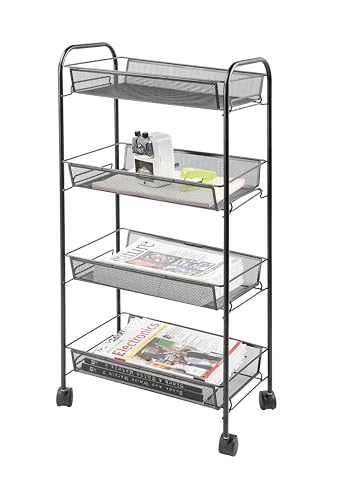 Q-CONNECT Regal mit Rollen und 4 Regalböden auf Laufrollen aus Lackiertem Metallgeflecht/Schwarz / 4 Schubladen / 43,5 x 26,5 x 86 cm/Dokumentenständer Aktenschrank mit Rollen von Q-Connect