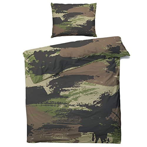 QEODAH Camouflage Bettwäsche 135x200 Winter - Armeegrün Camo Bettbezug 135 x 200 2er Set - Wendebettwäsche & Kissenbezug 80x80 cm - Weiche Mikrofaser Bettwäsche-Sets mit Reißverschluss von QEODAH