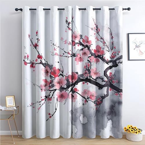 QEODAH Vorhänge Japanische Kirschblüte Vorhang Blickdicht Ösenvorhang Verdunklungsvorhänge Gardinen Wohnzimmer Schlafzimmer Kinderzimmer Fenster Deko Blackout Curtain 2er Set H 166 x B 75 cm von QEODAH