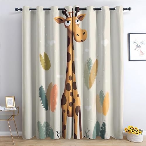 QEODAH Vorhänge Kinder Giraffe Vorhang Blickdicht Ösenvorhang Verdunklungsvorhänge Gardinen Wohnzimmer Schlafzimmer Kinderzimmer Fenster Deko Blackout Curtain 2er Set H 175 x B 140 cm von QEODAH