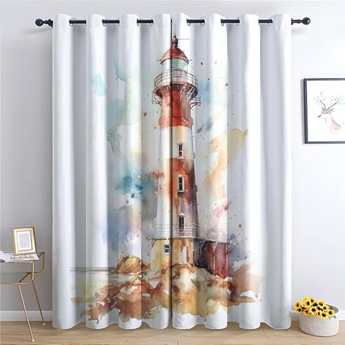 QEODAH Vorhänge Leuchtturm Nautisch Maritim Gardinen mit Ösen, Vorhang Blickdicht, Verdunklungsvorhänge, Schlafzimmer Wohnzimmer & Kinderzimmer Deko, Blackout Curtain 2er Set H 160 x B 140 cm von QEODAH