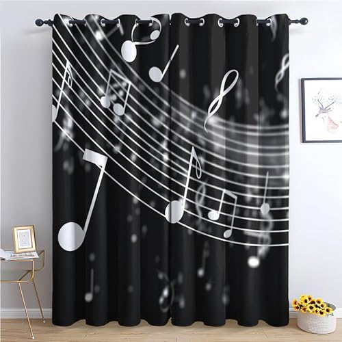 QEODAH Vorhänge Musiknoten Vorhang Blickdicht Ösenvorhang Verdunklungsvorhänge Gardinen Wohnzimmer Schlafzimmer Kinderzimmer Fenster Deko Blackout Curtain 2er Set H 220 x B 140 cm von QEODAH