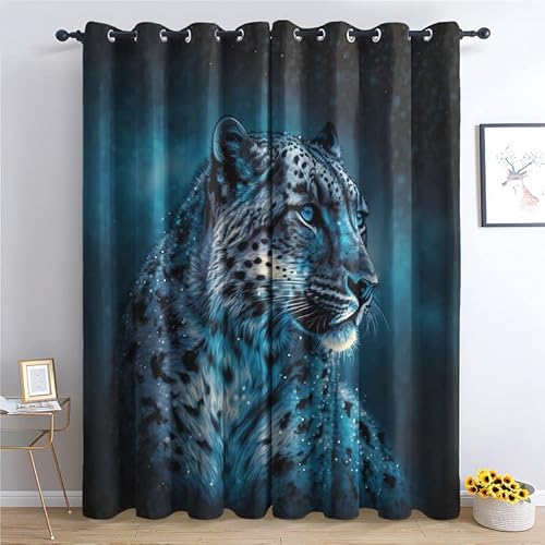 QEODAH Vorhänge Schneeleopard Tiere Vorhang Blickdicht Ösenvorhang Verdunklungsvorhänge Gardinen Wohnzimmer Schlafzimmer Kinderzimmer Fenster Deko Blackout Curtain 2er Set H 260 x B 140 cm von QEODAH