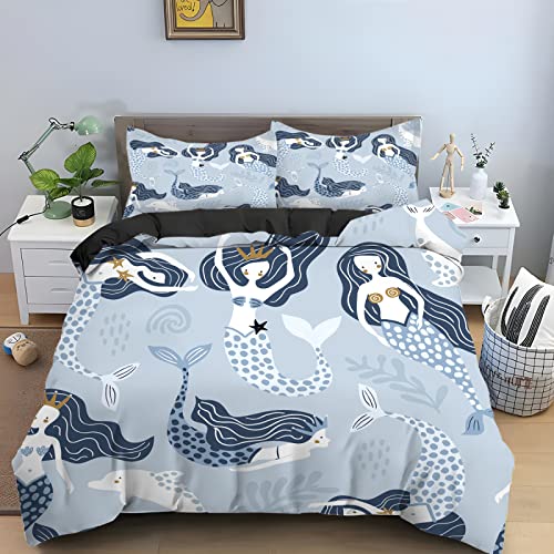 Bettwäsche 135x200 Graue Blaue Meerjungfrau Bettdecke Mikrofaser Bettbezug Weiche und Angenehme Bettwäsche-Sets mit Reißverschluss Bettdecken enthalten 2 Kissenbezug 80x80 von QHDXL