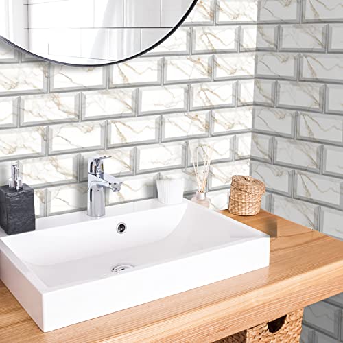 Fliesenaufkleber Weißer Beiger Marmor Klebefliesen Pvc Deko Mosaikfliesen Wasserdicht Und Ölbeständig Küchenrückwand Folie Fliesenaufkleber Bad Klebefolie Leicht Zu Reinigen 18 Stück/10x20cm von QHDXL