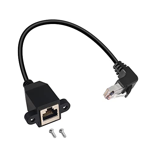 QIANRENON 90° Winkel RJ50 Verlängerungskabel Adapter RJ50 10P10C Buchse auf rechtwinkliger Stecker Panel Mount Ethernet Verlängerungskabel, Cat5E, geschirmt, 30 cm (up Biegung) von QIANRENON