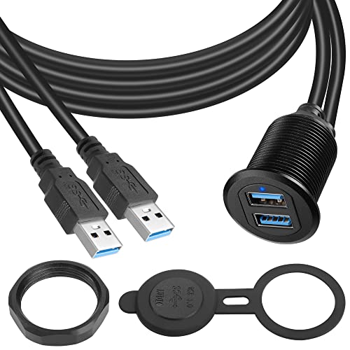 QIANRENON Dual USB 3.0 Eingebettet Auto Wasserdicht Kabel 2 USB3.0 Stecker auf Buchse Gewinde Befestigung Montage Verlängerungskabel, LED-Licht, Al ehäuse, für Armaturenbrett Auto Boot Moto, 2m/6.5ft von QIANRENON