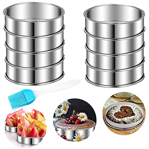 QIQN Backringe Tortenring 8 Stück 304 Edelstahl Kuchenring Crumpets Dessertringe Mousse Ringe mit Silikonbürste für Pfannkuchen Eier Muffins, Silber (8 x 2.5 cm) von QIQN