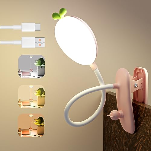 QJUZO Klemmleuchte Kinder Bett, LED Dimmbar Leselampe Buch Klemme USB Aufladbar Kinderzimmer Schreibtischlampe Mit Flexiblem Schwanenhals, 2400Mah Touch Buchlampe, Einstellbare Helligkeit,Rosa von QJUZO