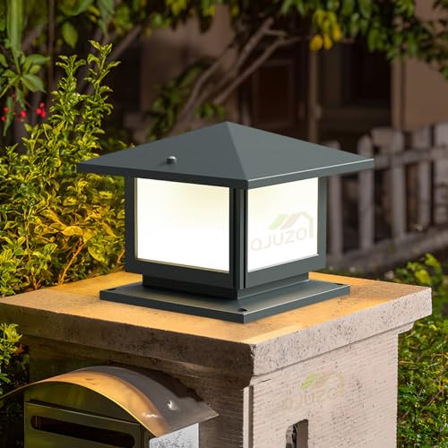 QJUZO Sockelleuchte Außen Laterne, 12W LED Pollerleuchte Außenleuchte aus Aluminium, IP44 Wasserdicht Garten Wegeleuchten in Antikem Look, Grau, E27-Fassung, 3000-6000K von QJUZO